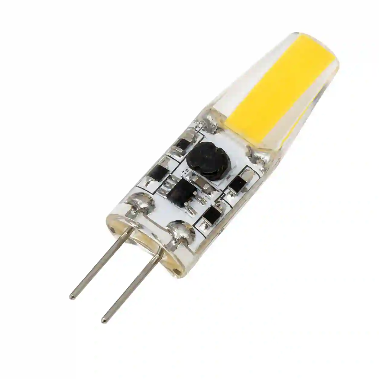 Detail LED žárovky G4 COB3W s paticí a tělem čipu z boku